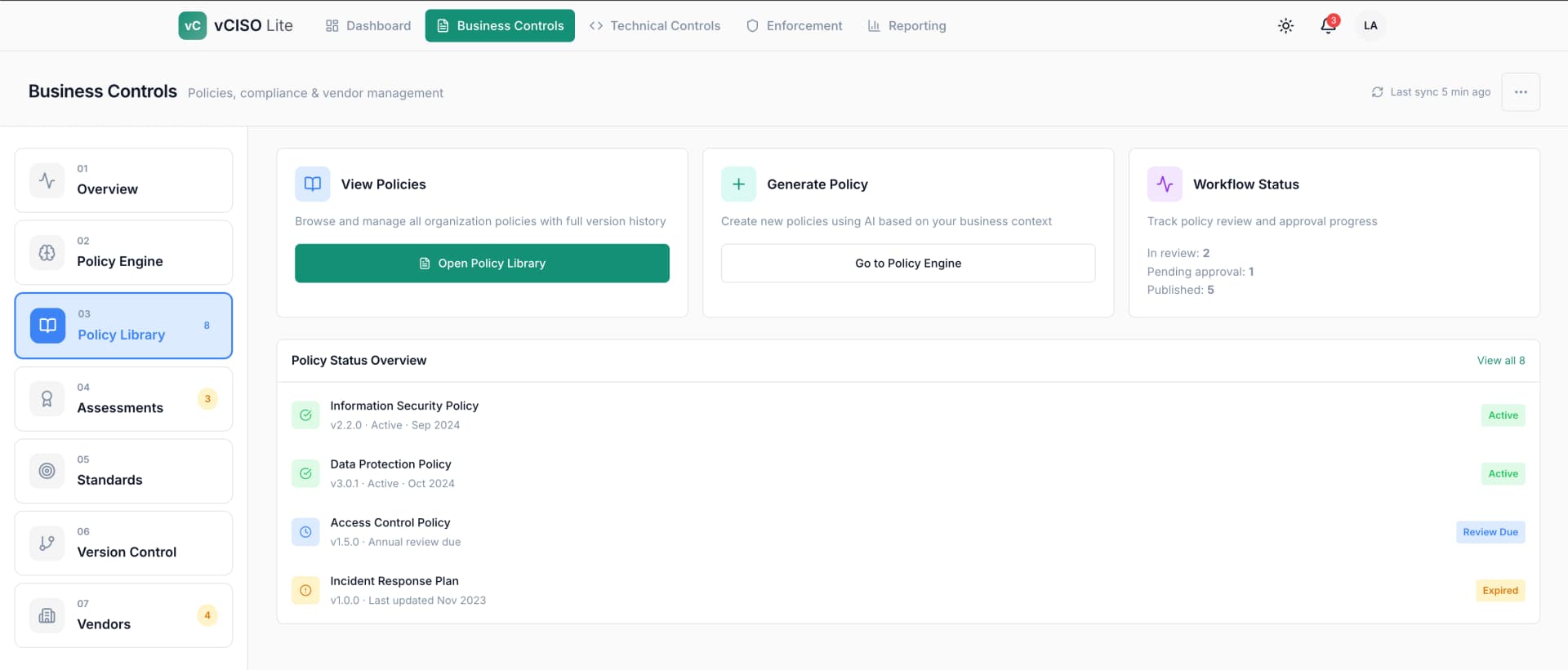 Policy library showing AI-generated security policies with confidence scores and version tracking