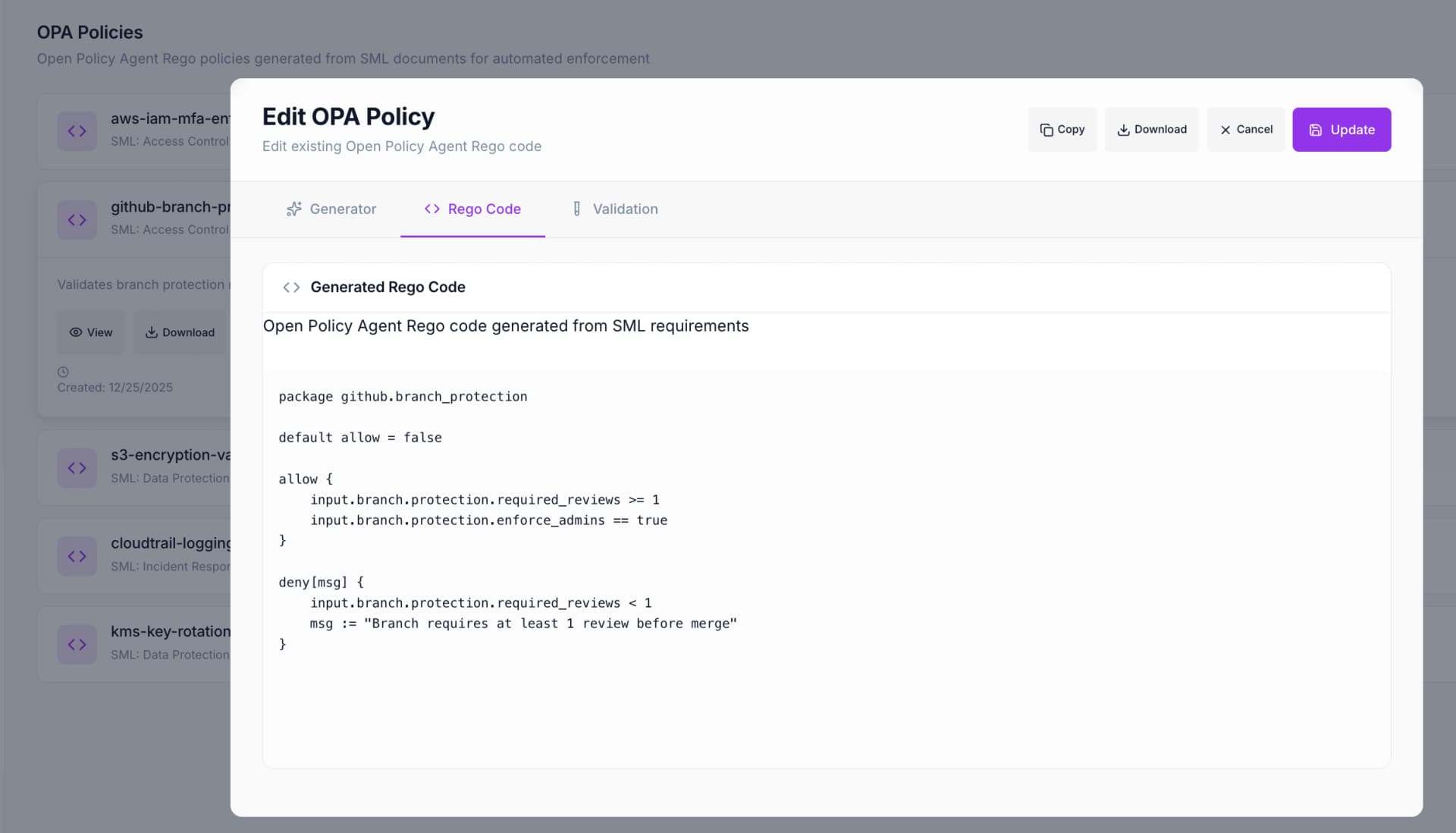 OPA Policy Generator showing Rego code for AWS IAM MFA enforcement